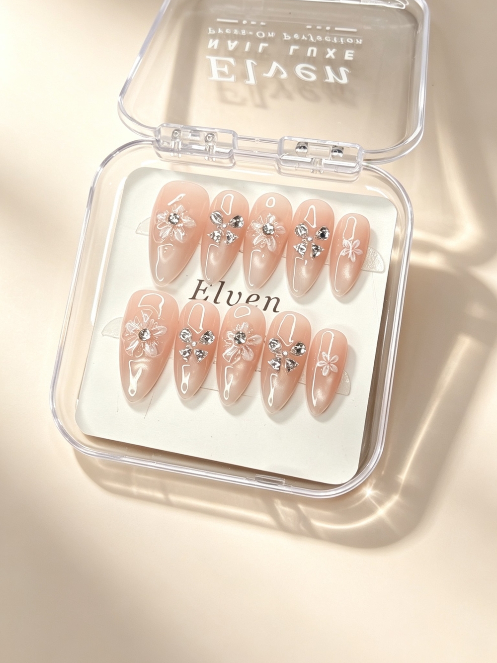 Nude Pink Cat Eye Press On Nails With 3D Flowers And Crystals Medium Almond Nail
